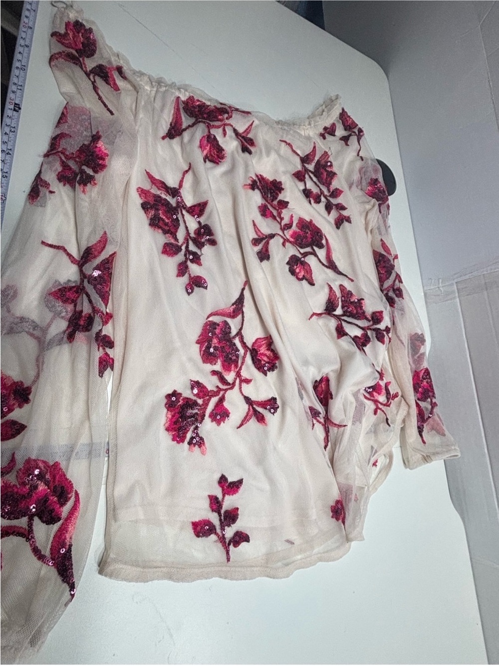 White House Black Market Off-The-Shoulder Floral Mesh
Sequin Top - Picture 4 of 5